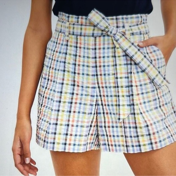 LOFT Multicolor Plaid Seersucker Paperbag Shorts - Picture 1 of 13